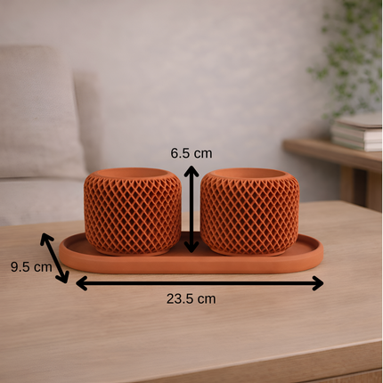 Facet Grid Sukulent Beton Saksı – 2'li (Tepsili) | Terracotta