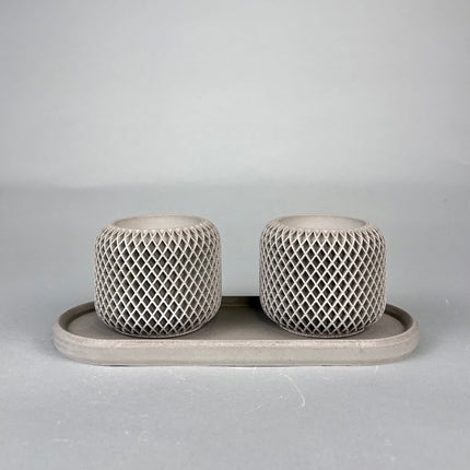 Facet Grid Sukulent Beton Saksı – 2'li (Tepsili) | Stone Grey