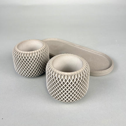 Facet Grid Sukulent Beton Saksı – 2'li (Tepsili) | Stone Grey