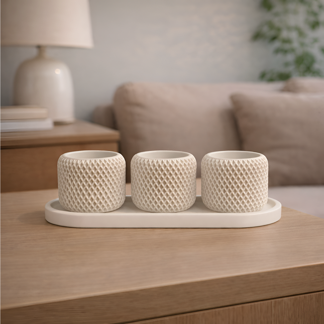 Facet Grid Sukulent Beton Saksı – 3'lü (Tepsili)