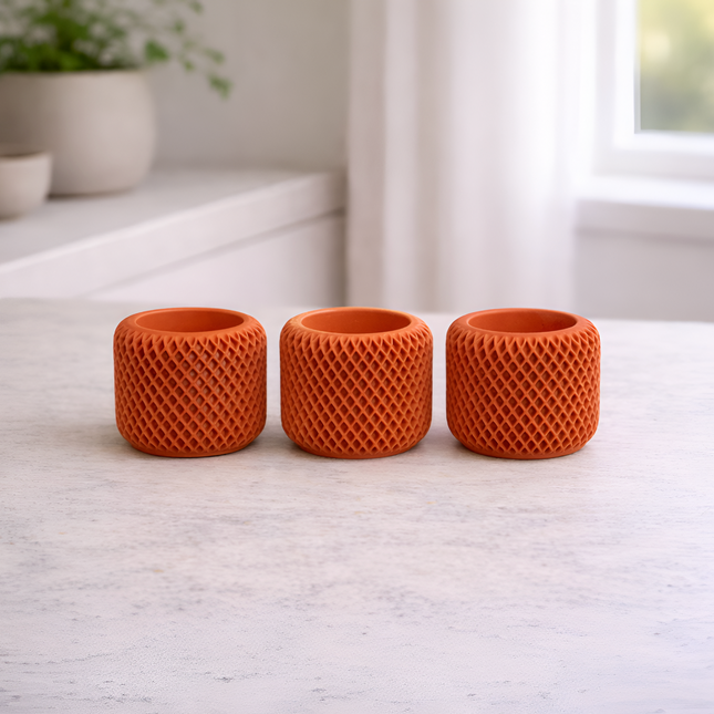 Facet Grid Sukulent Beton Saksı – Üçlü | Terracotta