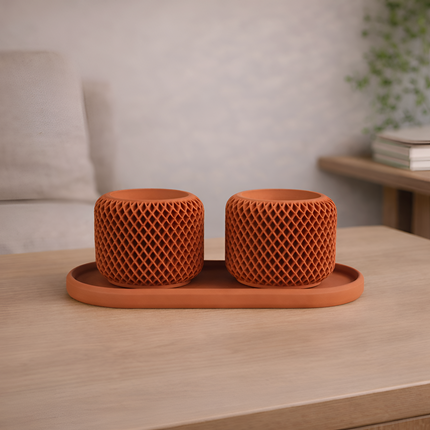 Facet Grid Sukulent Beton Saksı – 2'li (Tepsili) | Terracotta