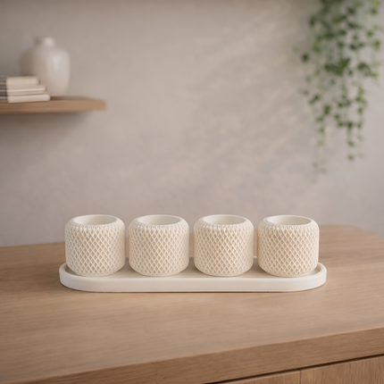 Facet Grid Sukulent Beton Saksı – 4'lü (Tepsili)